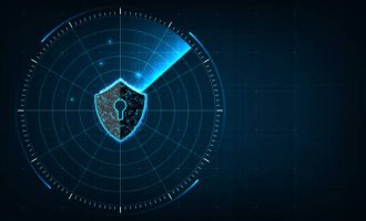 Internet technology cyber security concept of protect and scan computer virus attack  with Shield icon on digital blue realistic radar with targets on monitor in searching background.
