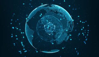 Internet technology network and cyber security concept .Shield icon on secure data global network technology With social network icons surrounded, cyber attack protection for worldwide connections.