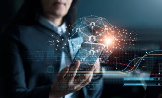 Business woman using mobile smartphone on global network connection and data customer connection on blue background, Digital marketing, Data exchanges,  Innovative and technology.