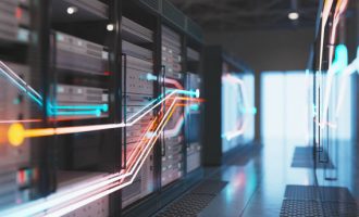 Modern dark data center, focus on the foreground, 3D render