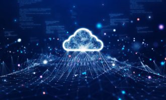 Cloud and edge computing technology data transfer concept. A large cloud icon is in the center. abstract code Interconnected polygons and multicolored dots on a dark blue background.