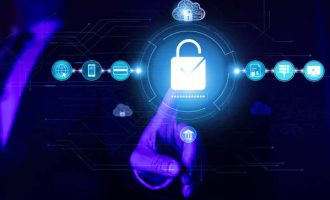 Businessman protecting personal data information on smartphone.Cyber security protection concept. Protecting herself from cyber attacks and personal data.Portection data access